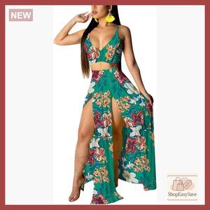 Chiffon Bohemian Floral Two Piece Set Crop Top Maxi Dress Elegant Party Wear